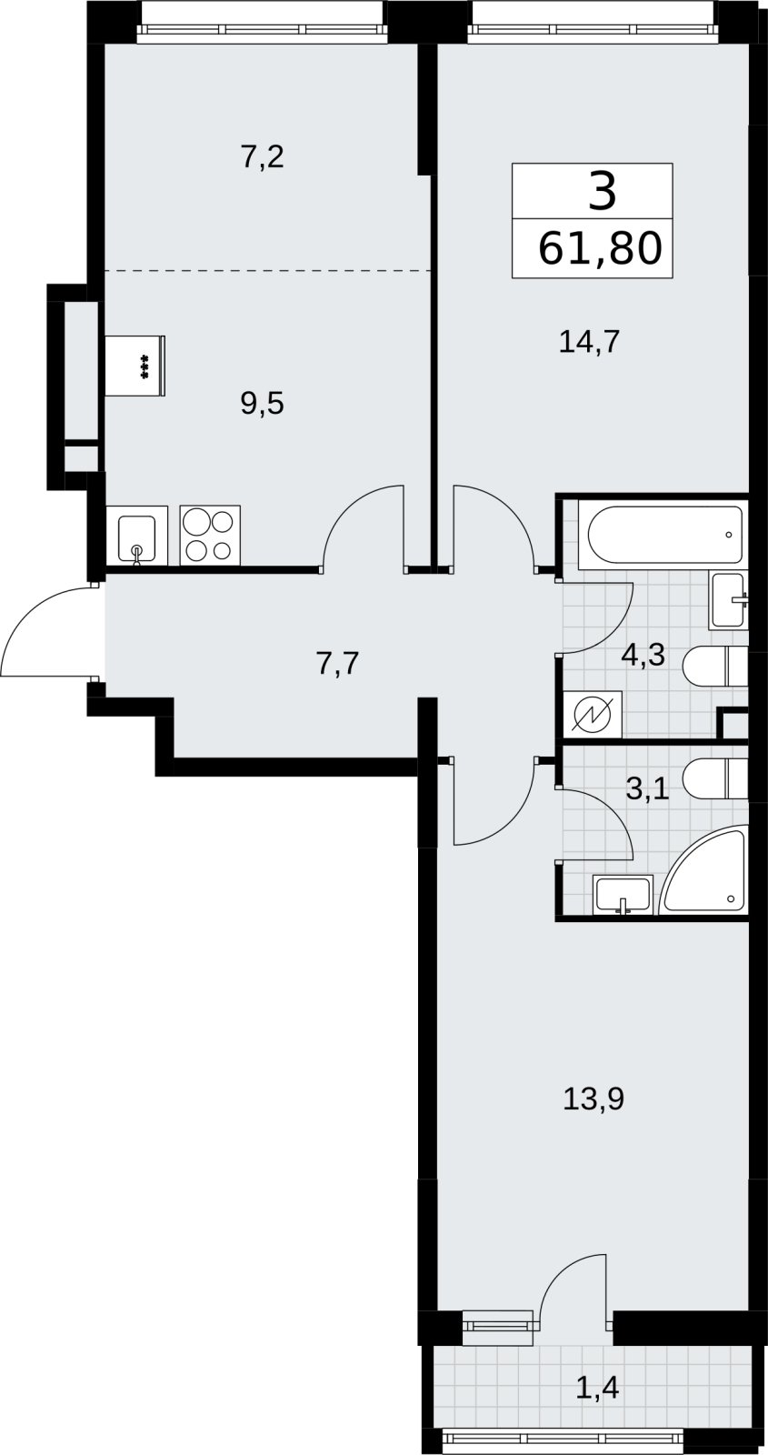 3-комнатная квартира (евро) с полной отделкой, 61.8 м2, 2 этаж, сдача 4 квартал 2026 г., ЖК Родные кварталы, корпус 3.3 - объявление 2378450 - фото №1