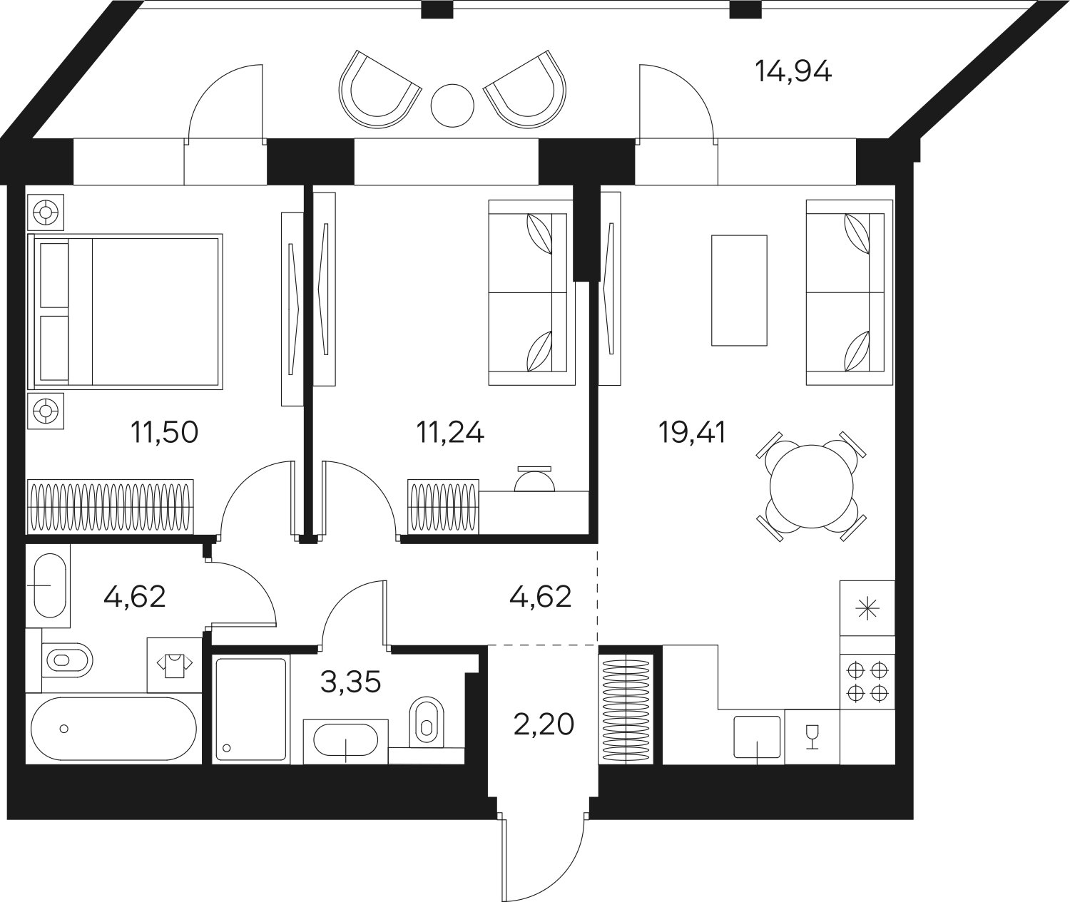 2-комнатная квартира без отделки, 64.41 м2, 6 этаж, сдача 4 квартал 2024 г., ЖК FØRST, корпус 1 - объявление 2316572 - фото №1