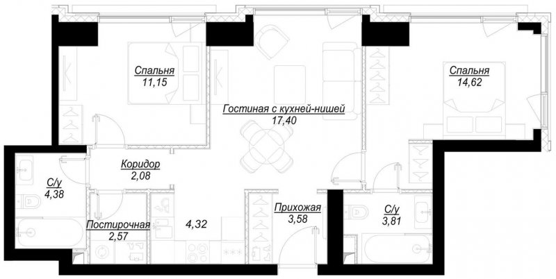2-комнатная квартира с частичной отделкой, 63.9 м2, 7 этаж, сдача 1 квартал 2023 г., ЖК Hide, корпус RiverSide - объявление 1707083 - фото №1