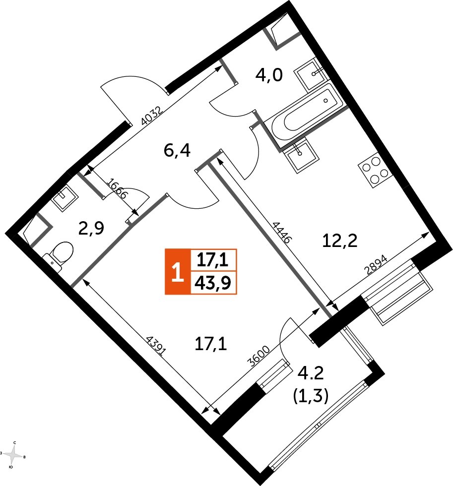 1-комнатная квартира без отделки, 43.9 м2, 1 этаж, дом сдан, ЖК UP-квартал Римский, корпус 7 - объявление 2208641 - фото №1