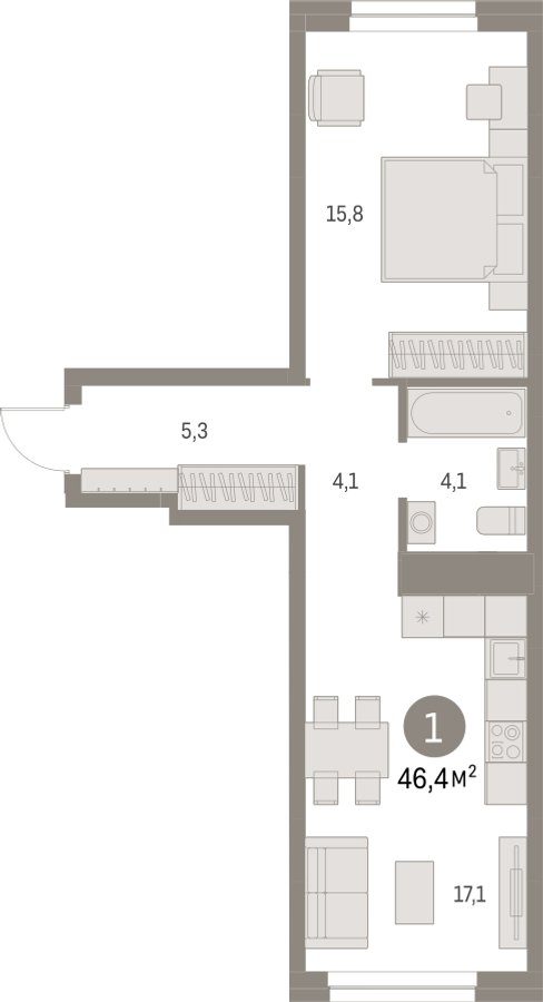 1-комнатная квартира с частичной отделкой, 46.38 м2, 2 этаж, сдача 1 квартал 2025 г., ЖК Первый квартал, корпус Дом 5 - объявление 2281512 - фото №1