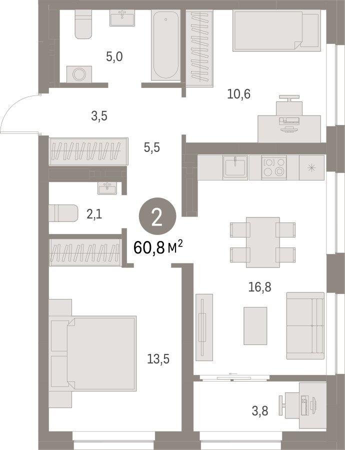 2-комнатная квартира с частичной отделкой, 60.83 м2, 6 этаж, сдача 1 квартал 2025 г., ЖК Первый квартал, корпус 5 - объявление 2310625 - фото №1