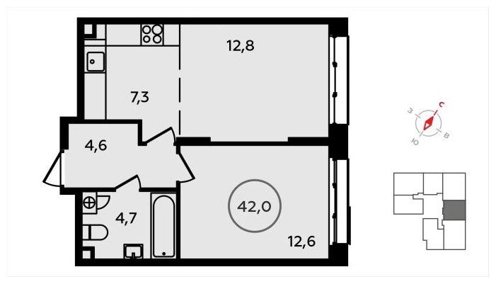 2-комнатная квартира (евро) без отделки, 42 м2, 2 этаж, сдача 3 квартал 2024 г., ЖК Скандинавия, корпус 22.2 - объявление 1625461 - фото №1