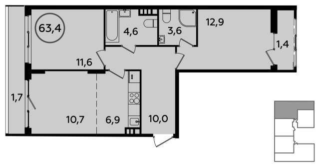 3-комнатная квартира (евро) без отделки, 63.4 м2, 4 этаж, сдача 1 квартал 2023 г., ЖК Прокшино, корпус 3.1 - объявление 1650433 - фото №1
