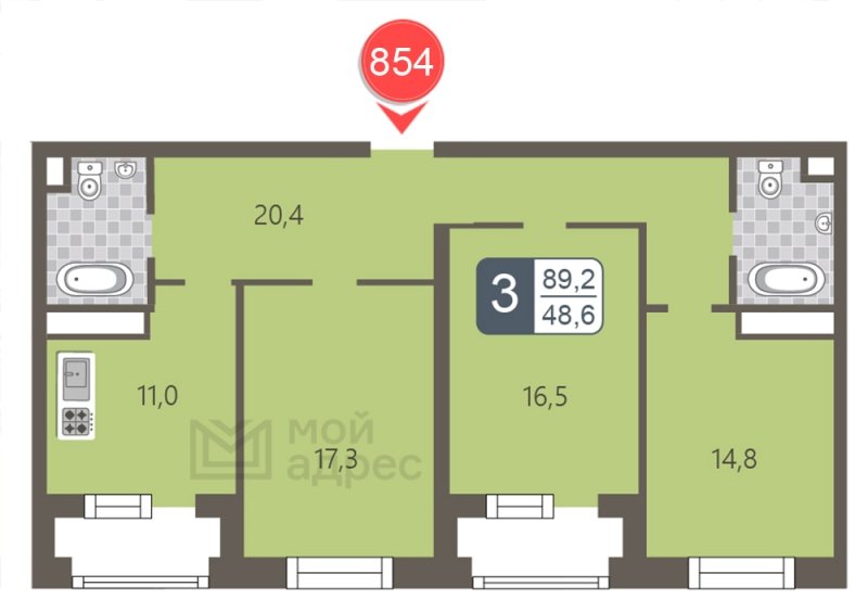 3-комнатная квартира с частичной отделкой, 89.2 м2, 24 этаж, дом сдан, ЖК мой адрес На Береговом, корпус Южный квартал - объявление 1795465 - фото №1