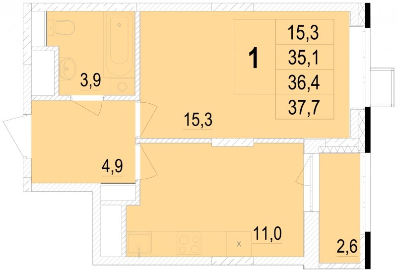 1-комнатная квартира без отделки, 36.4 м2, 19 этаж, сдача 1 квартал 2024 г., ЖК Отрадный, корпус 4 - объявление 1781227 - фото №1