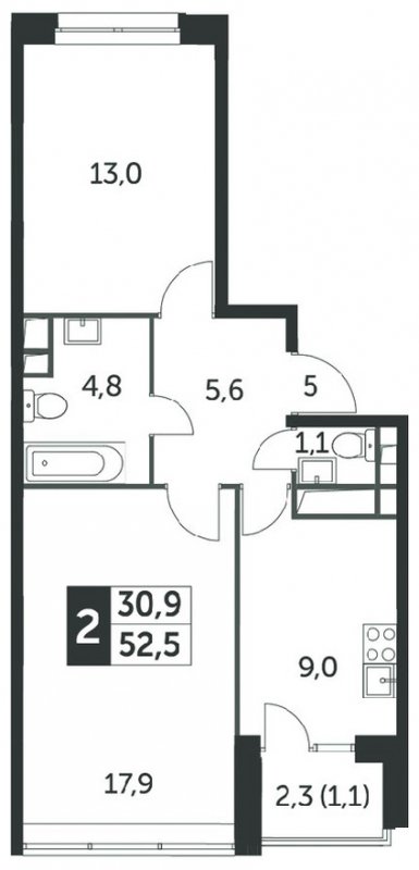2-комнатная квартира без отделки, 52.9 м2, 6 этаж, сдача 4 квартал 2023 г., ЖК Датский квартал, корпус 2 - объявление 1568465 - фото №1