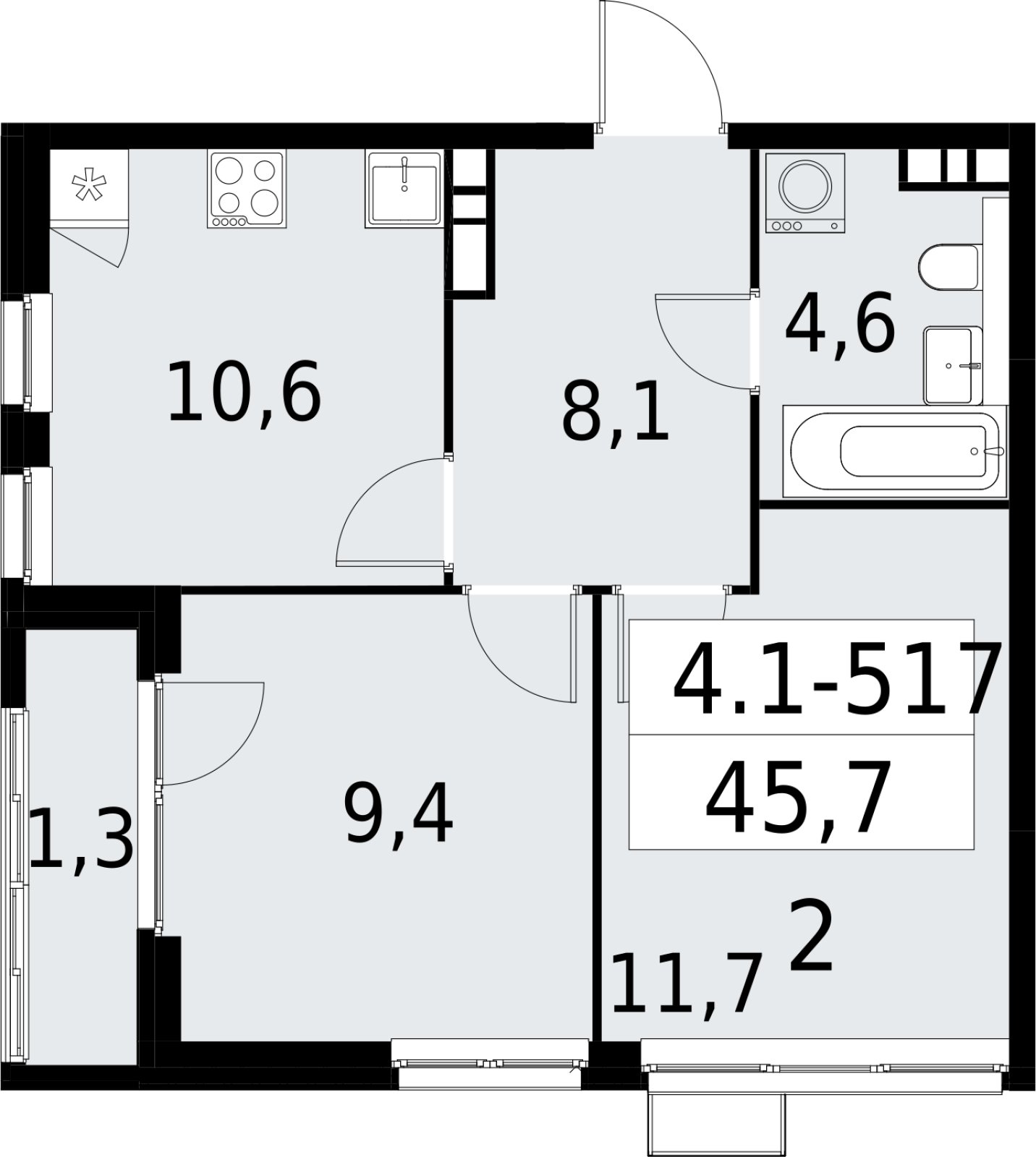 2-комнатная квартира с полной отделкой, 45.7 м2, 19 этаж, сдача 2 квартал 2027 г., ЖК Южные сады, корпус 4.1.2 - объявление 2393022 - фото №1