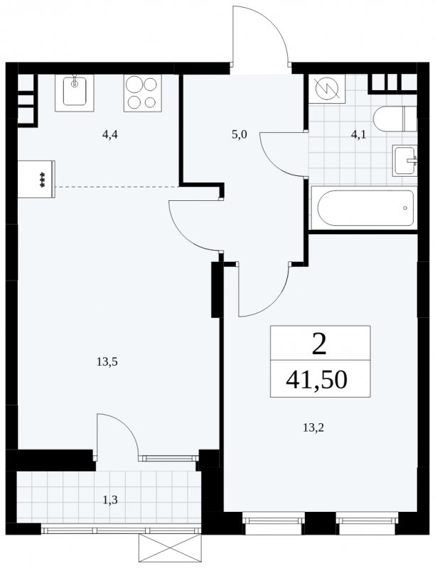 2-комнатная квартира (евро) с частичной отделкой, 41.5 м2, 4 этаж, сдача 3 квартал 2025 г., ЖК Дзен-кварталы, корпус 2.2 - объявление 1932351 - фото №1