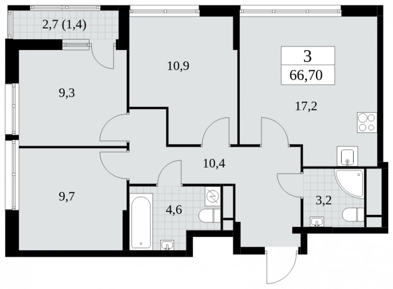 3-комнатная квартира с полной отделкой, 66.7 м2, 16 этаж, сдача 2 квартал 2025 г., ЖК Южные сады, корпус 2.1 - объявление 1760173 - фото №1