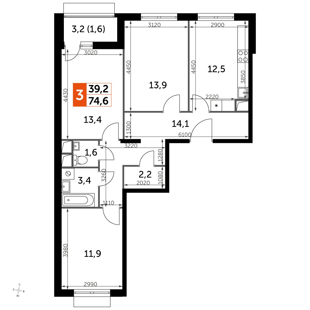3-комнатная квартира с частичной отделкой, 76.2 м2, 6 этаж, дом сдан, ЖК UP-квартал Римский, корпус 7 - объявление 2355142 - фото №1