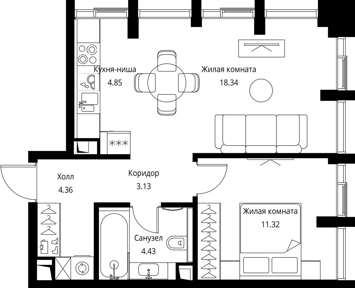 1-комнатная квартира с частичной отделкой, 46.43 м2, 5 этаж, сдача 3 квартал 2026 г., ЖК City Bay, корпус North Ocean 10 - объявление 2332300 - фото №1
