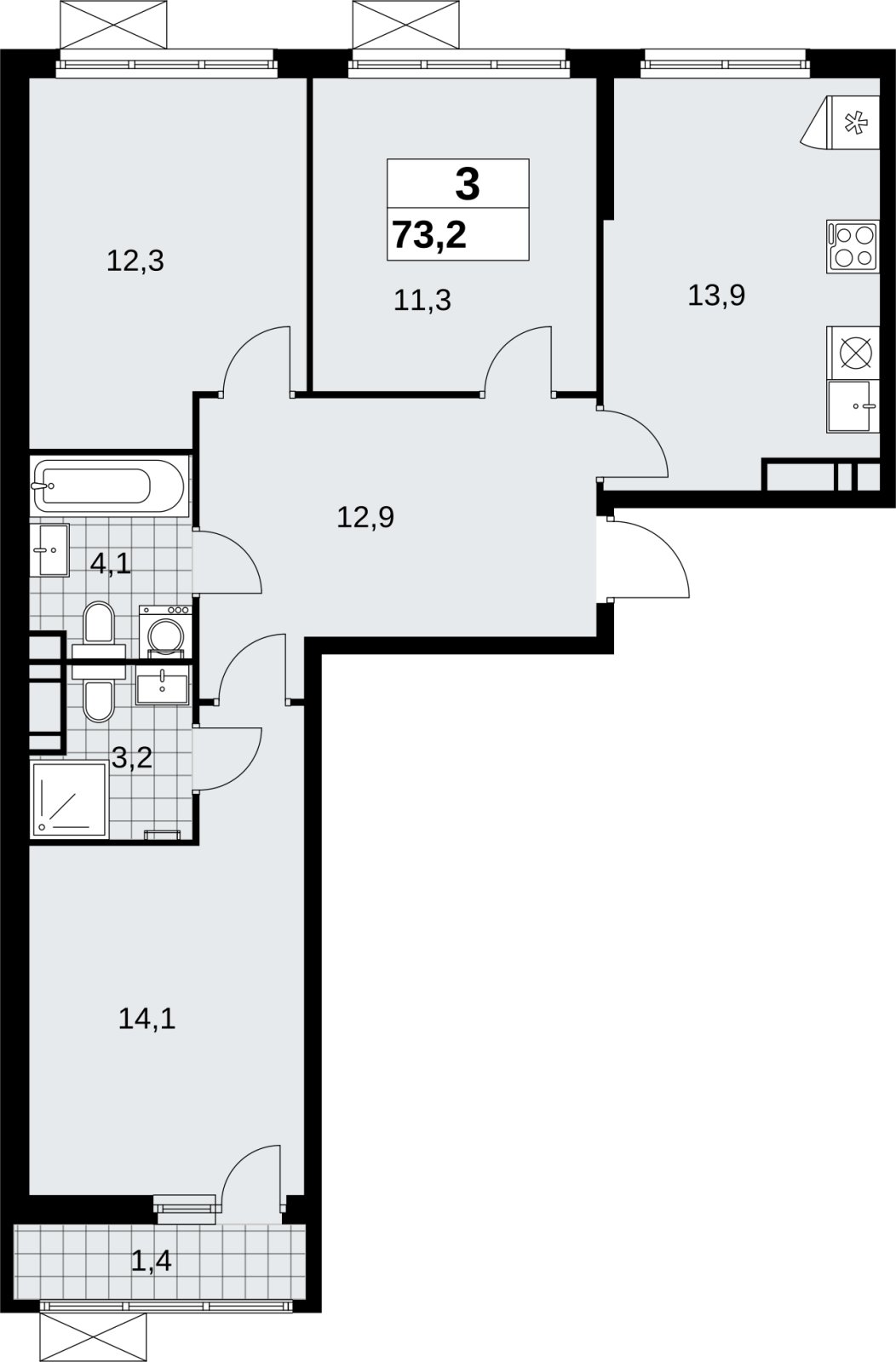3-комнатная квартира без отделки, 73.2 м2, 10 этаж, сдача 4 квартал 2026 г., ЖК Скандинавия, корпус 2.18.2.4 - объявление 2351565 - фото №1