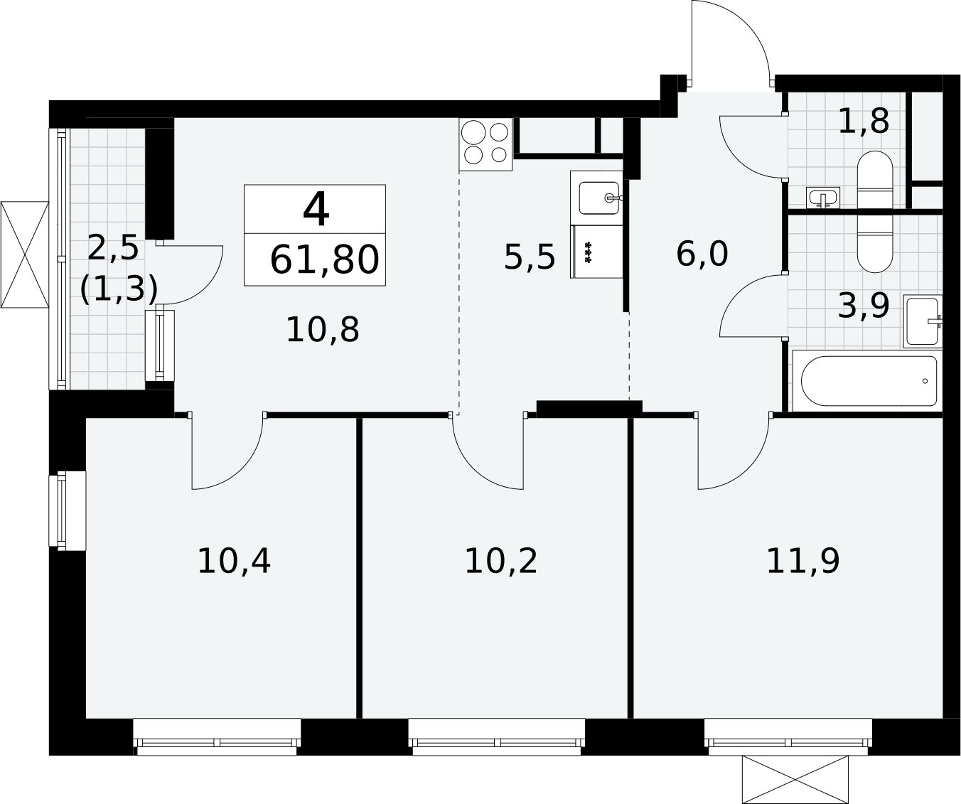 4-комнатная квартира без отделки, 61.5 м2, 12 этаж, сдача 2 квартал 2024 г., ЖК Прокшино, корпус 6.1 - объявление 2352072 - фото №1