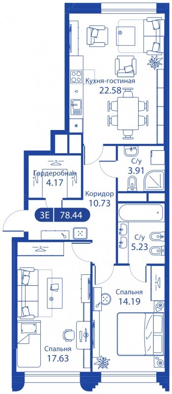 3-комнатная квартира без отделки, 76.86 м2, 4 этаж, сдача 4 квартал 2023 г., ЖК iLove, корпус 3 - объявление 1774484 - фото №1