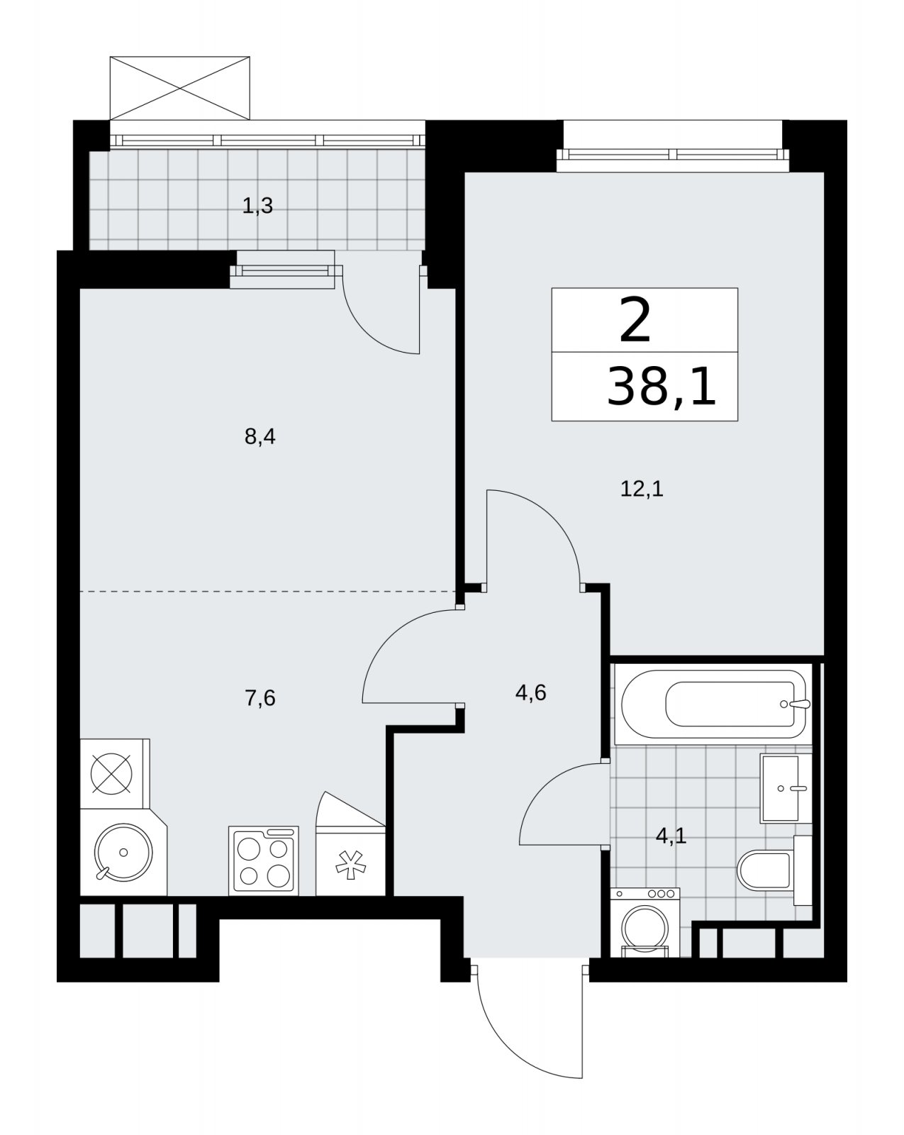 2-комнатная квартира (евро) без отделки, 38.1 м2, 12 этаж, сдача 2 квартал 2026 г., ЖК Скандинавия, корпус 25.5 - объявление 2283675 - фото №1