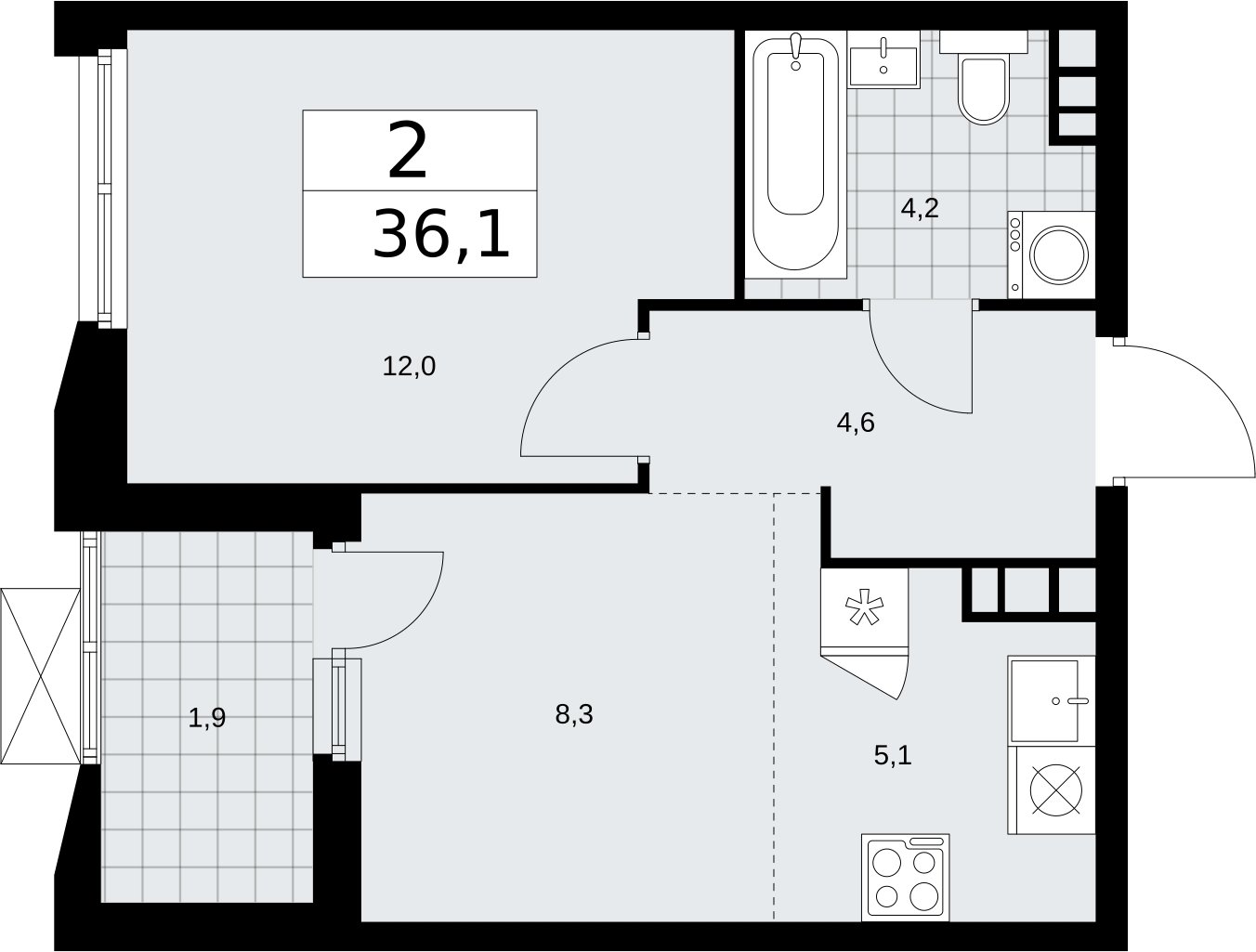2-комнатная квартира (евро) без отделки, 36.1 м2, 14 этаж, сдача 2 квартал 2026 г., ЖК Бунинские кварталы, корпус 5.2 - объявление 2297420 - фото №1