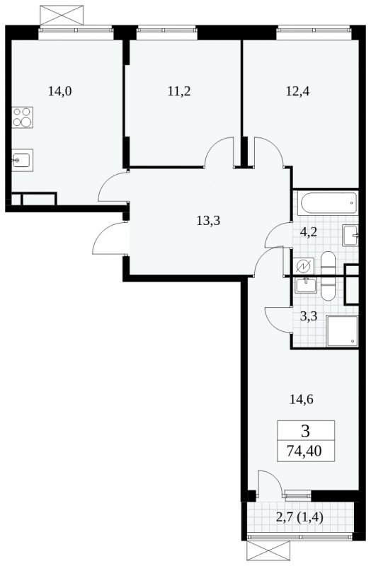 3-комнатная квартира без отделки, 74.4 м2, 9 этаж, сдача 1 квартал 2025 г., ЖК Прокшино, корпус 5.1.3 - объявление 1810818 - фото №1