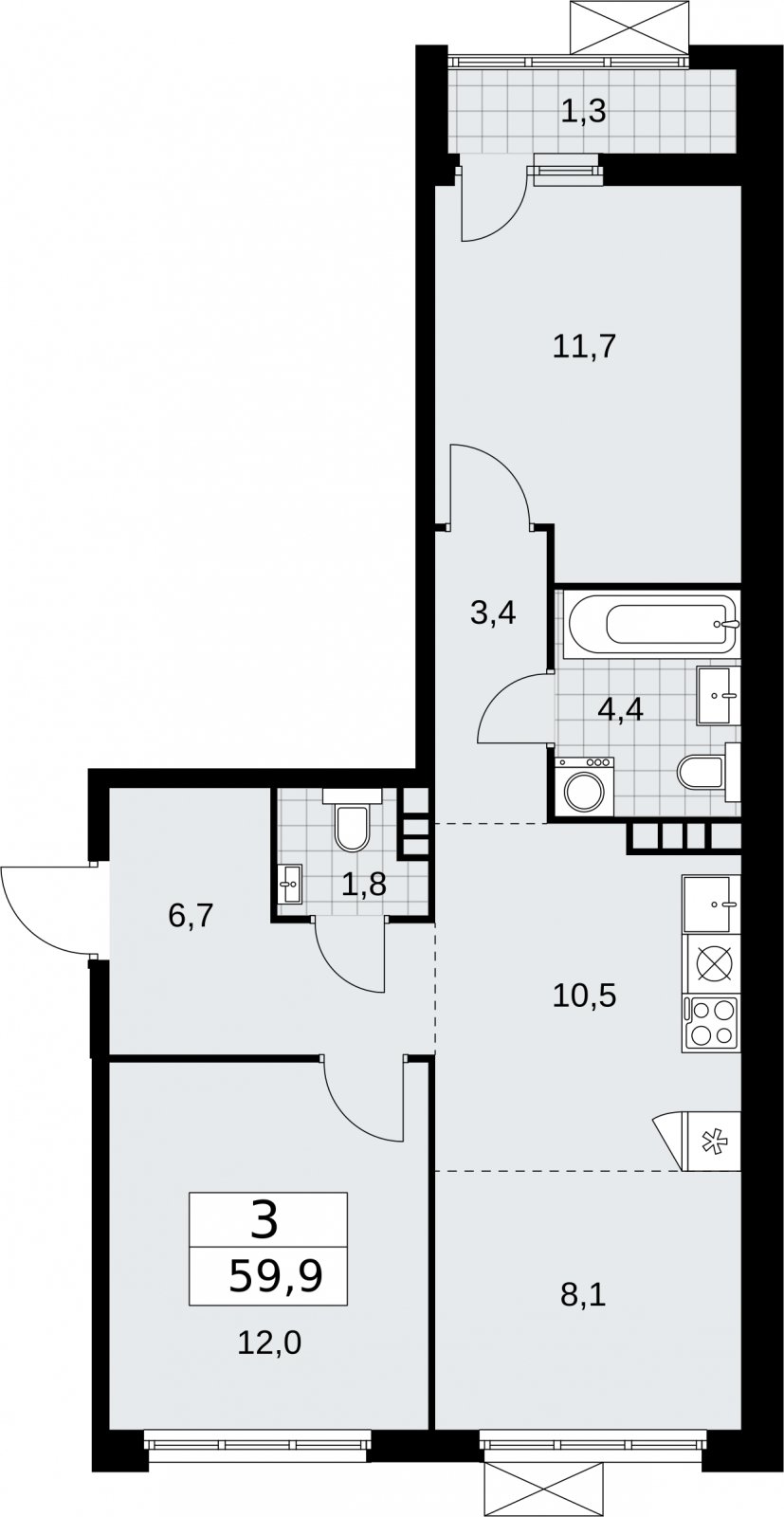 3-комнатная квартира (евро) с частичной отделкой, 59.9 м2, 7 этаж, сдача 2 квартал 2026 г., ЖК Бунинские кварталы, корпус 5.1 - объявление 2296852 - фото №1