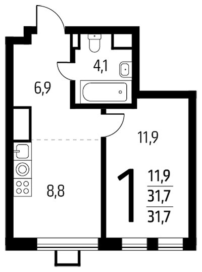 1-комнатная квартира с полной отделкой, 31.7 м2, 6 этаж, сдача 1 квартал 2024 г., ЖК Новые Ватутинки. Центральный, корпус 9/3 - объявление 1758489 - фото №1