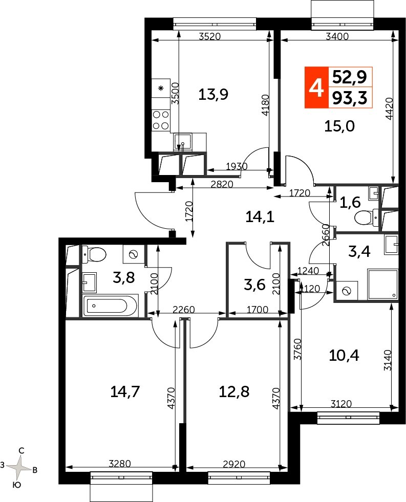 4-комнатная квартира с частичной отделкой, 93.3 м2, 16 этаж, сдача 3 квартал 2023 г., ЖК UP-квартал Римский, корпус 7 - объявление 2208438 - фото №1