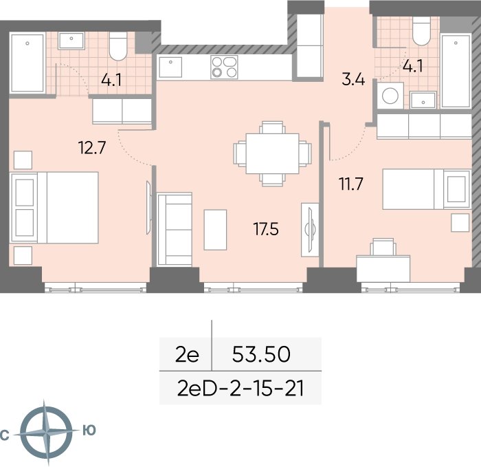 2-комнатная квартира 53.5 м2, 15 этаж, сдача 2 квартал 2026 г., ЖК WAVE, корпус 1 - объявление 2216671 - фото №1