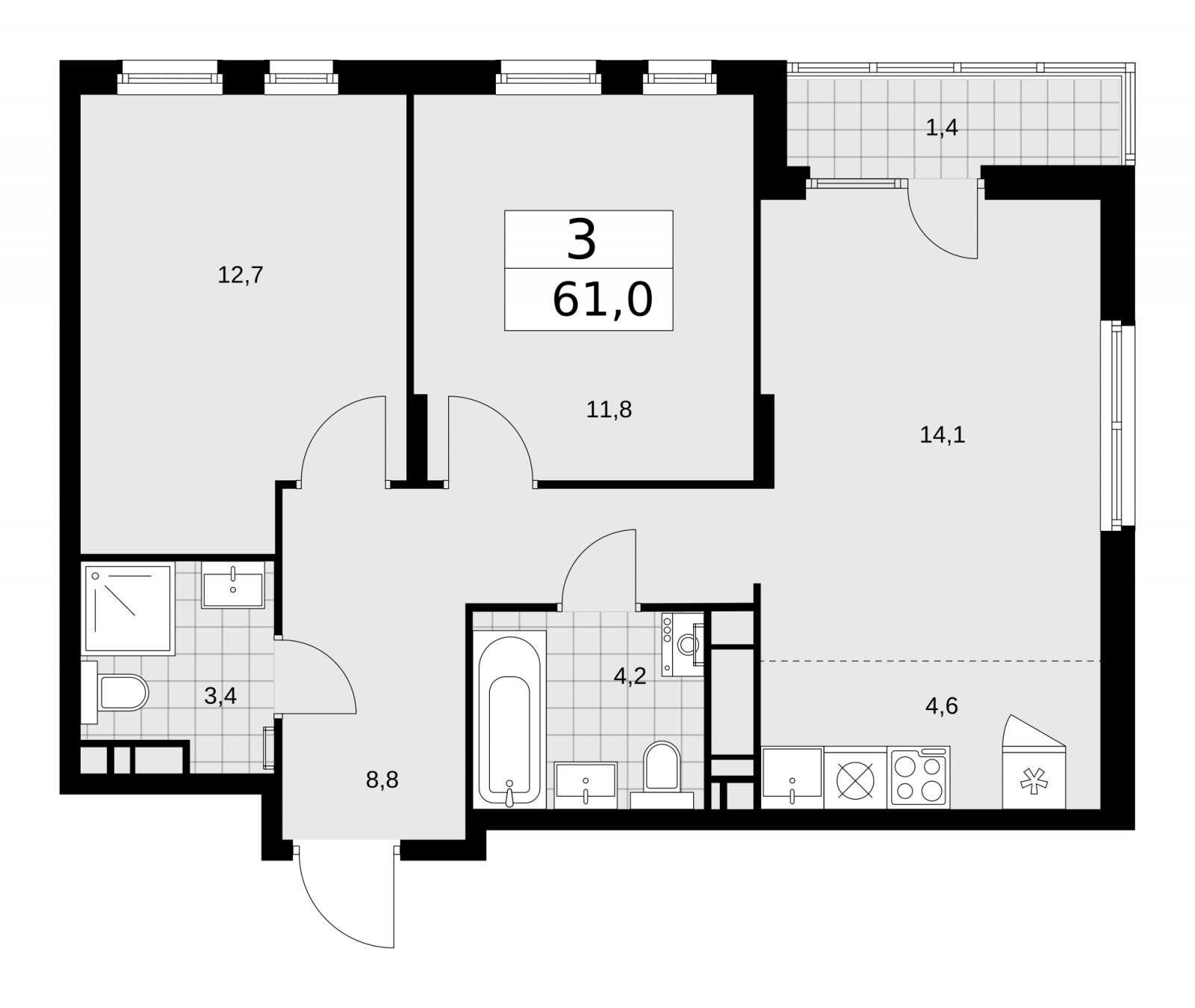 3-комнатная квартира (евро) с частичной отделкой, 61 м2, 13 этаж, сдача 2 квартал 2026 г., ЖК Деснаречье, корпус 4.5 - объявление 2264578 - фото №1