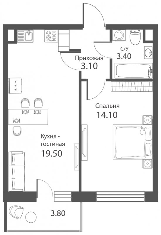 2-комнатная квартира (евро) с частичной отделкой, 41.2 м2, 12 этаж, сдача 2 квартал 2022 г., ЖК Аквилон PARK, корпус 1 - объявление 1695293 - фото №1