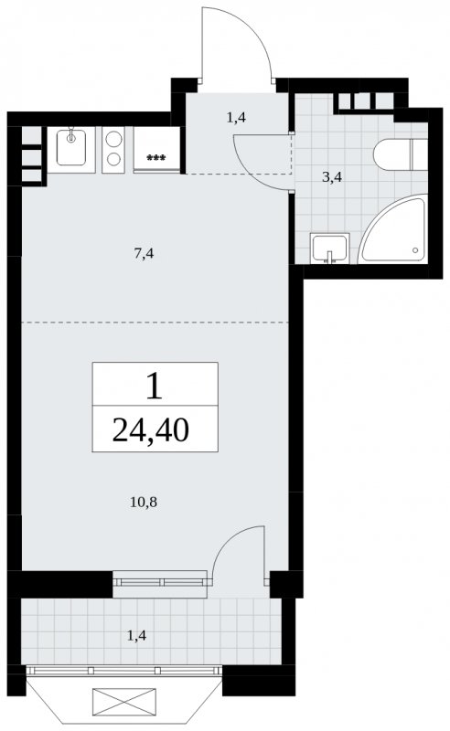 Студия с частичной отделкой, 24.4 м2, 7 этаж, сдача 4 квартал 2024 г., ЖК Бунинские кварталы, корпус 1.2 - объявление 1834421 - фото №1