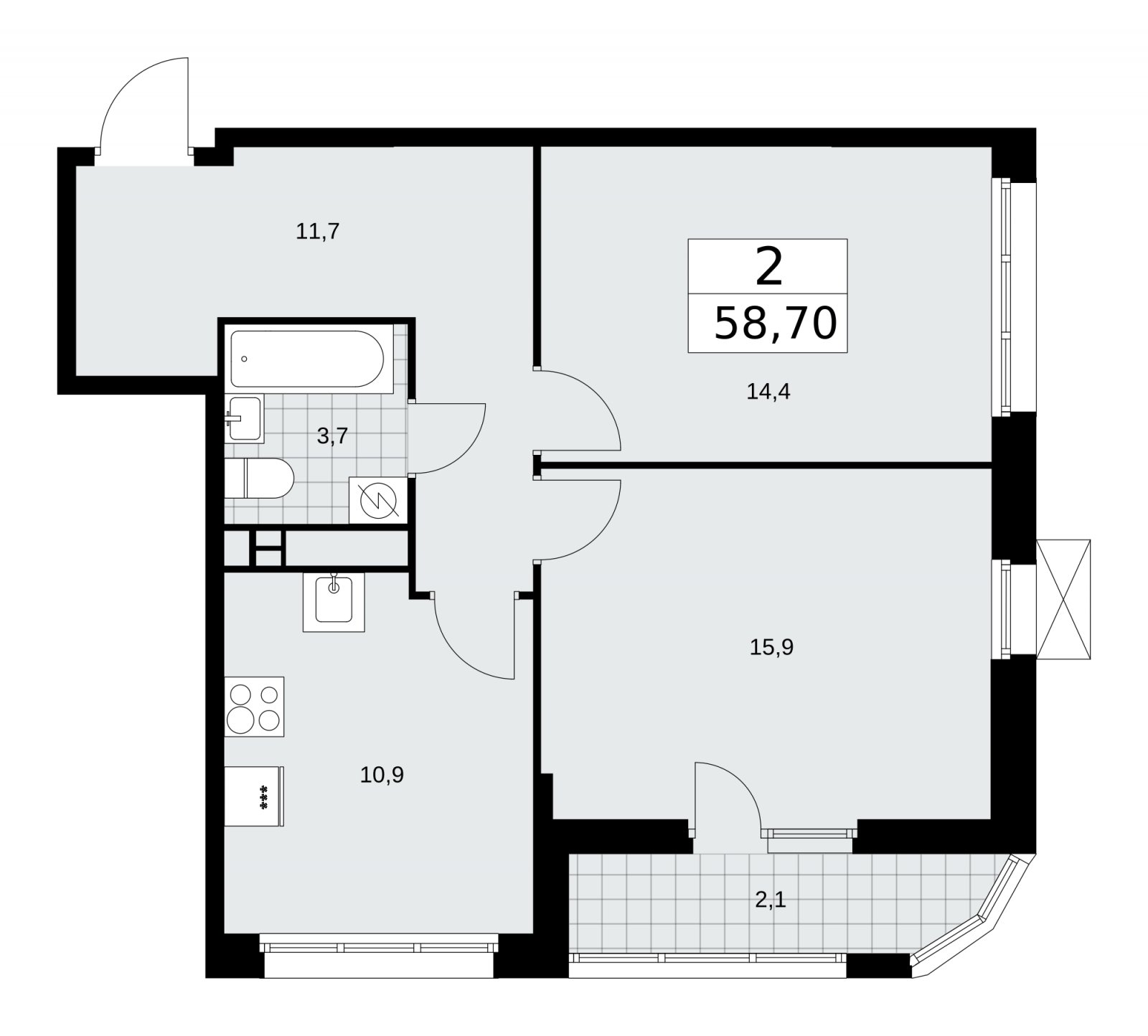 2-комнатная квартира без отделки, 58.7 м2, 17 этаж, сдача 3 квартал 2025 г., ЖК Бунинские кварталы, корпус 3.2 - объявление 2151949 - фото №1