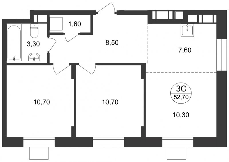 3-комнатные апартаменты с полной отделкой, 52.7 м2, 12 этаж, сдача 1 квартал 2023 г., ЖК Люберцы, корпус 65 - объявление 1566844 - фото №1