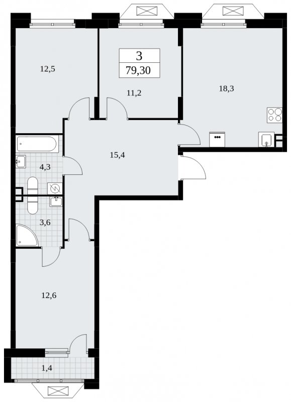 3-комнатная квартира без отделки, 79.3 м2, 3 этаж, сдача 1 квартал 2025 г., ЖК Бунинские кварталы, корпус 1.3 - объявление 1834638 - фото №1
