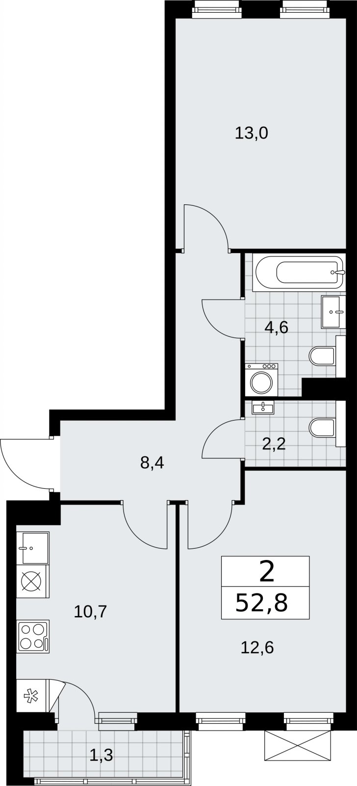 2-комнатная квартира без отделки, 52.8 м2, 5 этаж, сдача 2 квартал 2026 г., ЖК Бунинские кварталы, корпус 7.3 - объявление 2313769 - фото №1