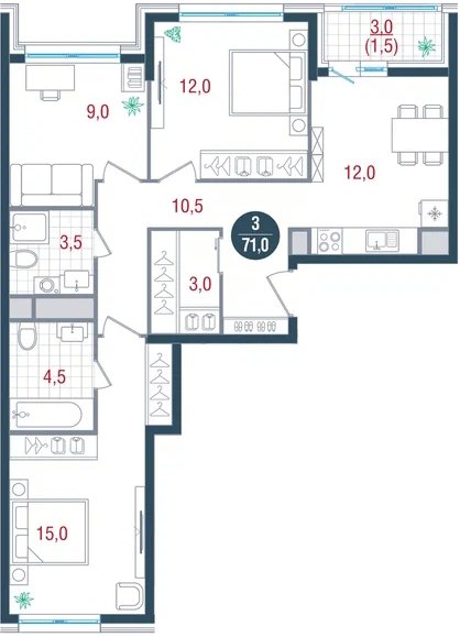 3-комнатная квартира без отделки, 71 м2, 3 этаж, дом сдан, ЖК РУСИЧ Новые Котельники, корпус 2 - объявление 2432834 - фото №1