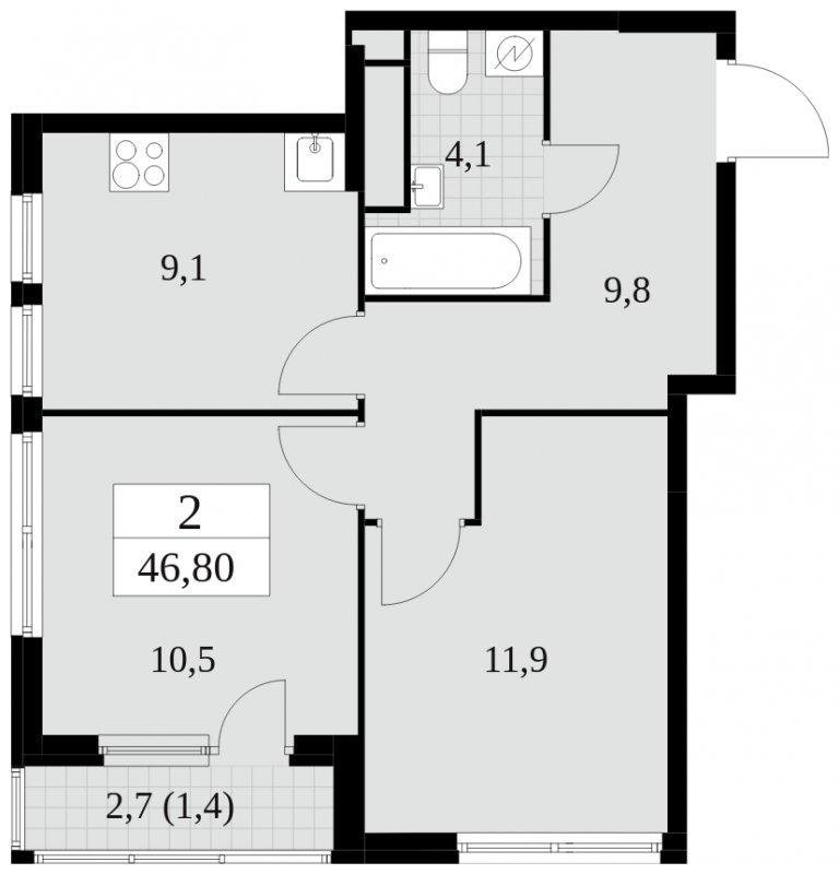 2-комнатная квартира без отделки, 46.8 м2, 26 этаж, сдача 2 квартал 2025 г., ЖК Южные сады, корпус 2.3 - объявление 1758406 - фото №1