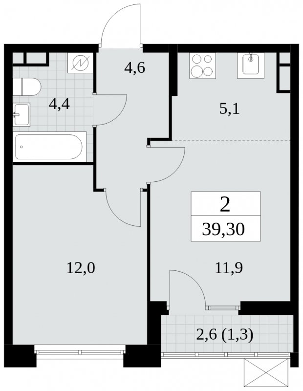 2-комнатная квартира (евро) без отделки, 39.3 м2, 6 этаж, сдача 1 квартал 2025 г., ЖК Скандинавия, корпус 2.27.3 - объявление 1840474 - фото №1