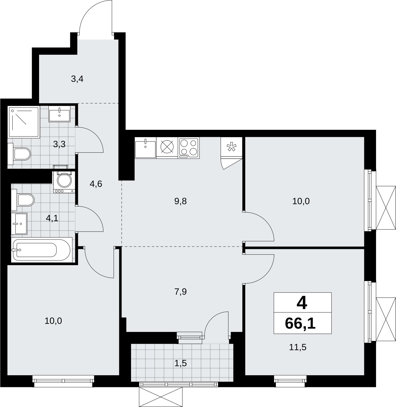 4-комнатная квартира (евро) с полной отделкой, 66.1 м2, 11 этаж, сдача 3 квартал 2026 г., ЖК Дзен-кварталы, корпус 6.1.4 - объявление 2328232 - фото №1