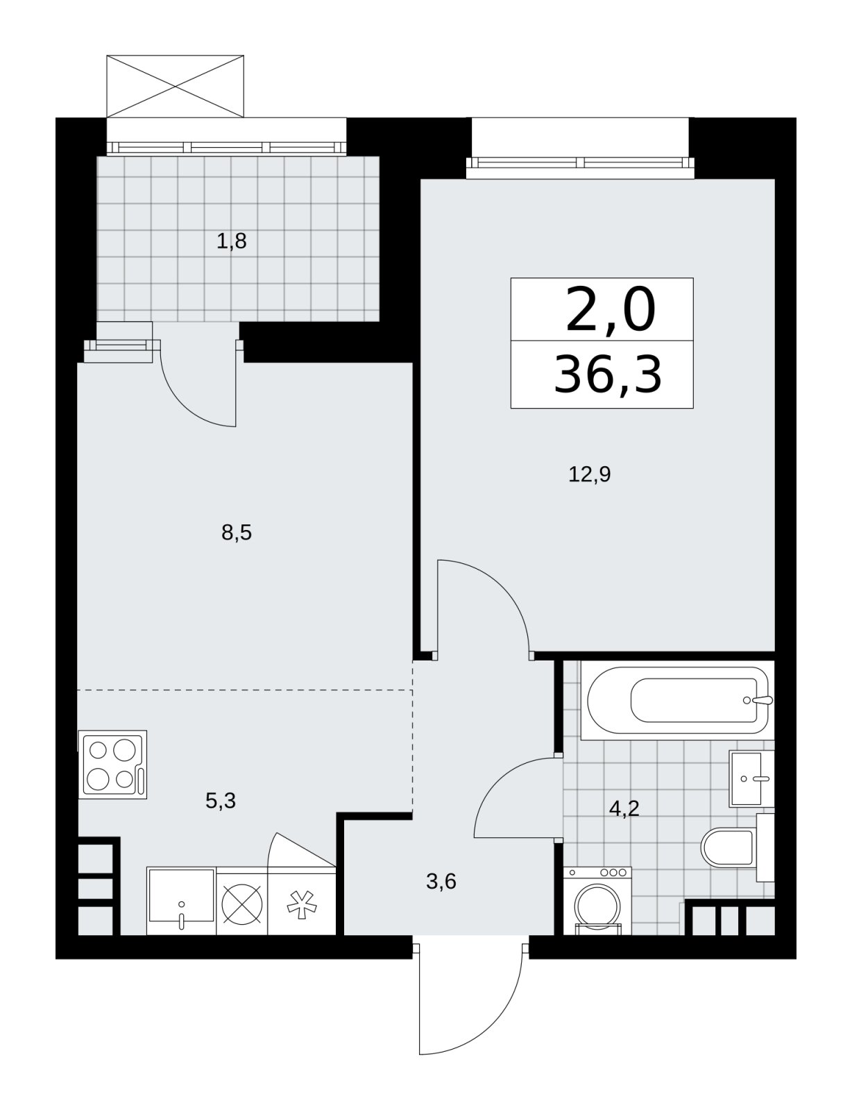 2-комнатная квартира (евро) без отделки, 36.3 м2, 11 этаж, сдача 4 квартал 2025 г., ЖК Бунинские кварталы, корпус 6.5 - объявление 2252824 - фото №1