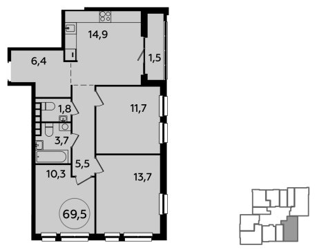 3-комнатная квартира с полной отделкой, 69.5 м2, 22 этаж, сдача 2 квартал 2024 г., ЖК Южные сады, корпус 1.5 - объявление 1512807 - фото №1
