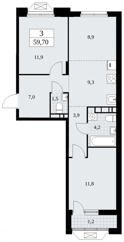 3-комнатная квартира (евро) без отделки, 59.7 м2, 8 этаж, сдача 4 квартал 2024 г., ЖК Бунинские кварталы, корпус 1.3 - объявление 1834733 - фото №1