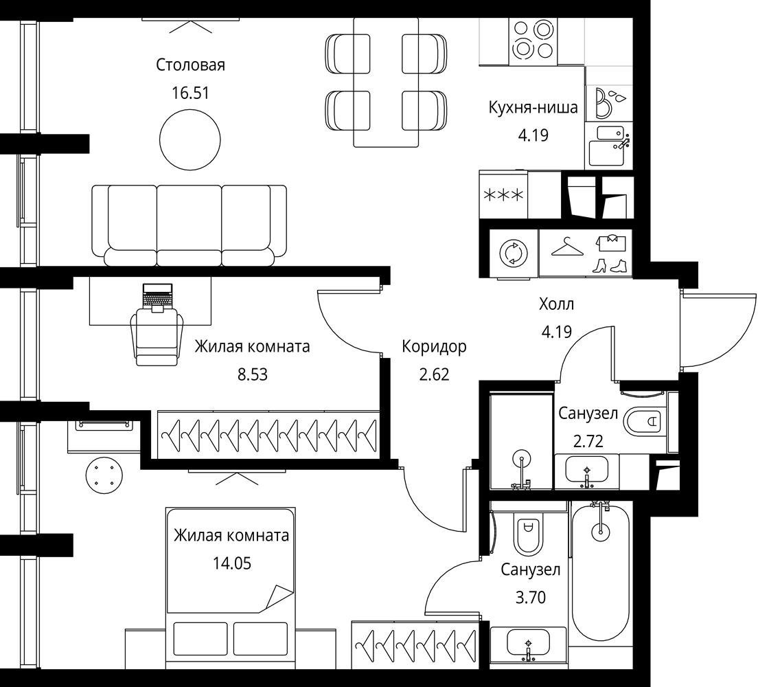 2-комнатная квартира с частичной отделкой, 56.51 м2, 8 этаж, сдача 3 квартал 2026 г., ЖК City Bay, корпус North Ocean 4 - объявление 2332335 - фото №1