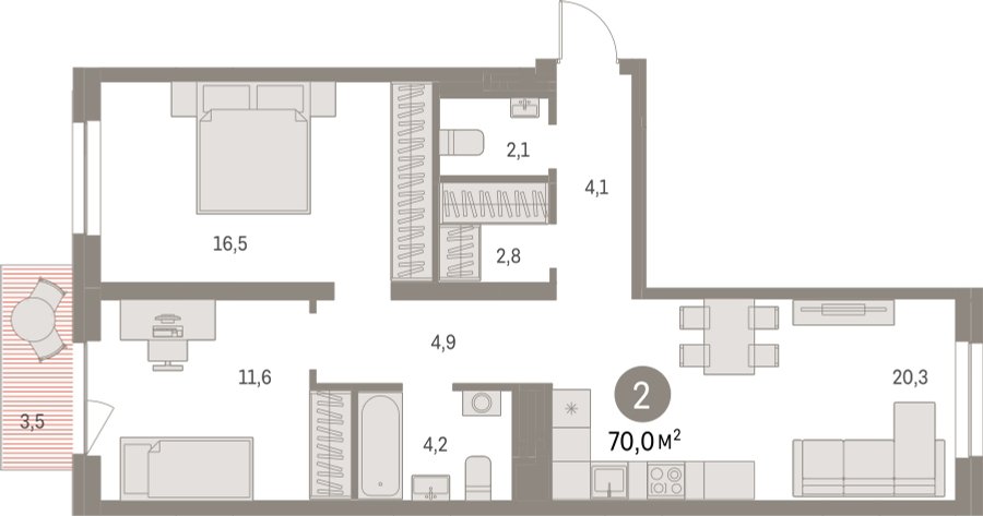 2-комнатная квартира с частичной отделкой, 70 м2, 7 этаж, сдача 1 квартал 2025 г., ЖК Первый квартал, корпус Дом 5 - объявление 2281520 - фото №1