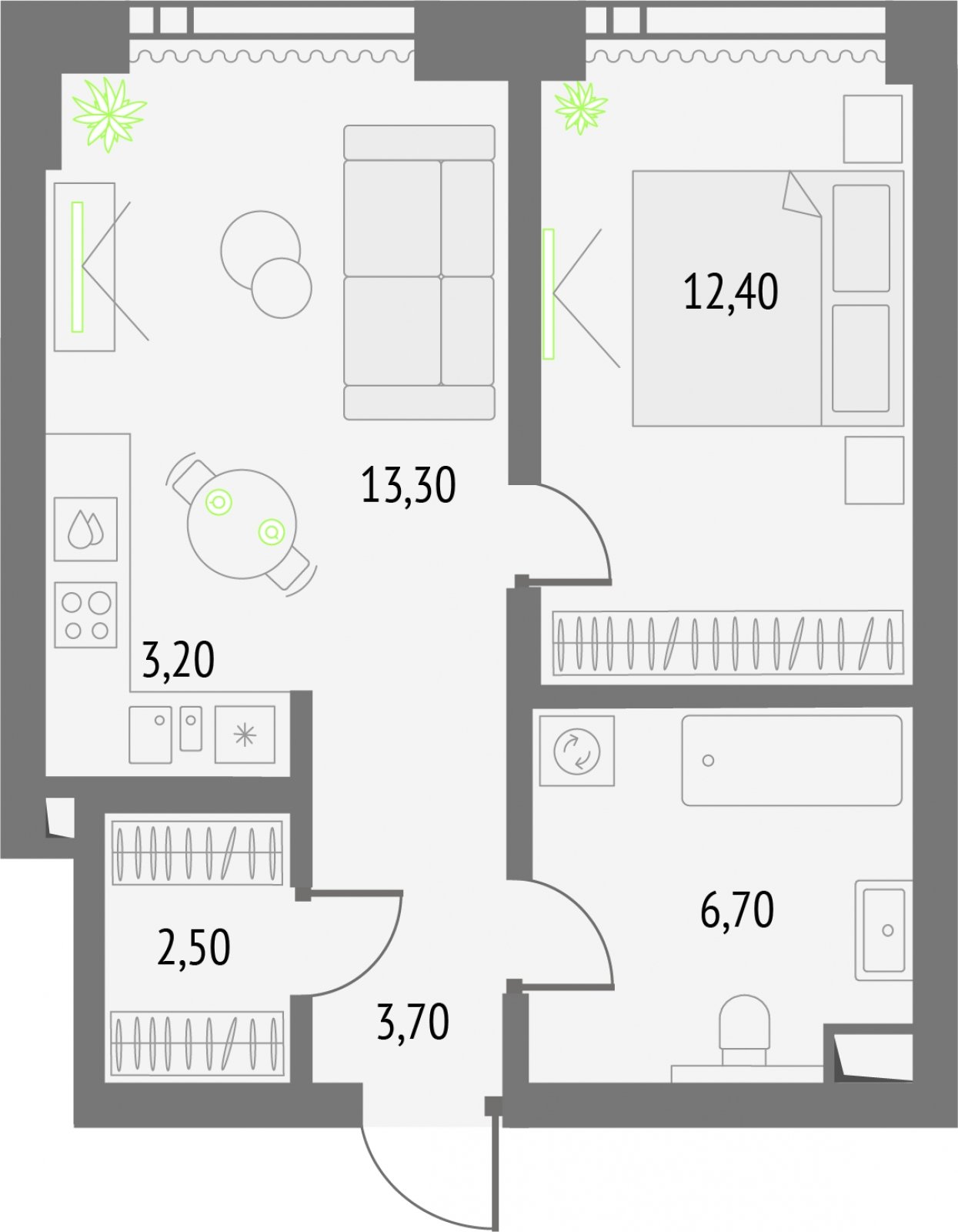 1-комнатная квартира без отделки, 41.8 м2, 34 этаж, сдача 2 квартал 2026 г., ЖК Upside Towers, корпус 1 - объявление 2299264 - фото №1