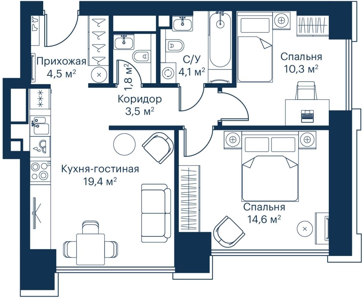 2-комнатная квартира с частичной отделкой, 58.19 м2, 14 этаж, сдача 2 квартал 2024 г., ЖК City Bay, корпус Indian Ocean 1 - объявление 2213946 - фото №1