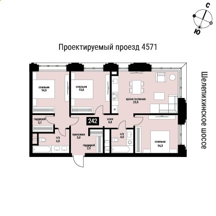 3-комнатная квартира без отделки, 93.9 м2, 24 этаж, сдача 2 квартал 2026 г., ЖК Шелепиха, корпус 1 - объявление 2391582 - фото №1