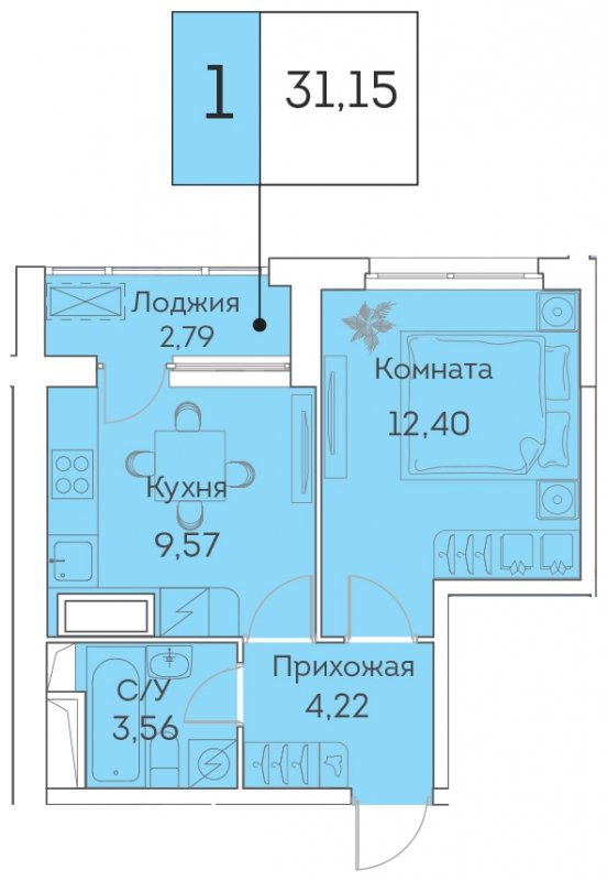 1-комнатная квартира с частичной отделкой, 31.15 м2, 19 этаж, сдача 3 квартал 2023 г., ЖК Аквилон BESIDE, корпус 1 - объявление 1678553 - фото №1