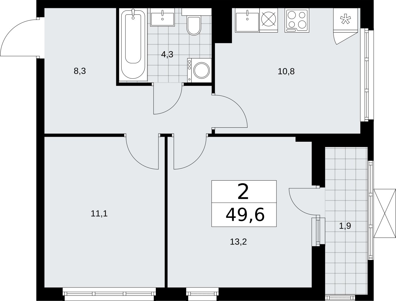 2-комнатная квартира без отделки, 49.6 м2, 9 этаж, сдача 2 квартал 2026 г., ЖК Бунинские кварталы, корпус 7.4 - объявление 2314096 - фото №1