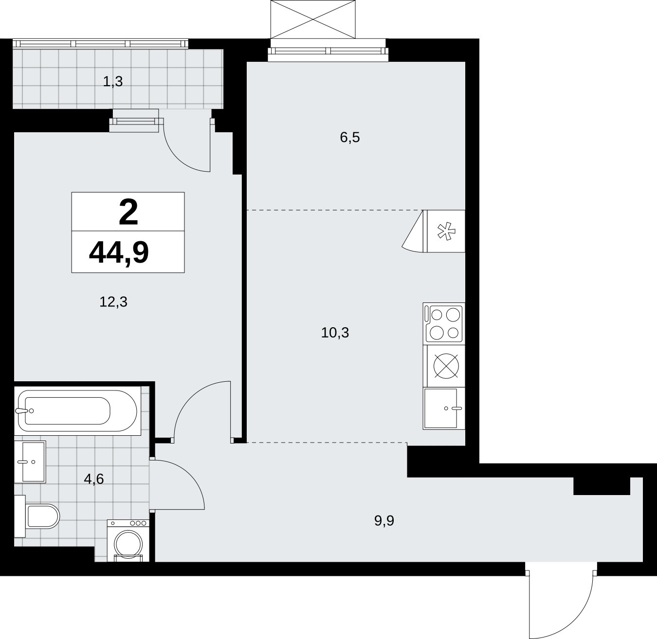 2-комнатная квартира (евро) без отделки, 44.9 м2, 4 этаж, сдача 2 квартал 2026 г., ЖК Дзен-кварталы, корпус 6.1.1 - объявление 2327141 - фото №1