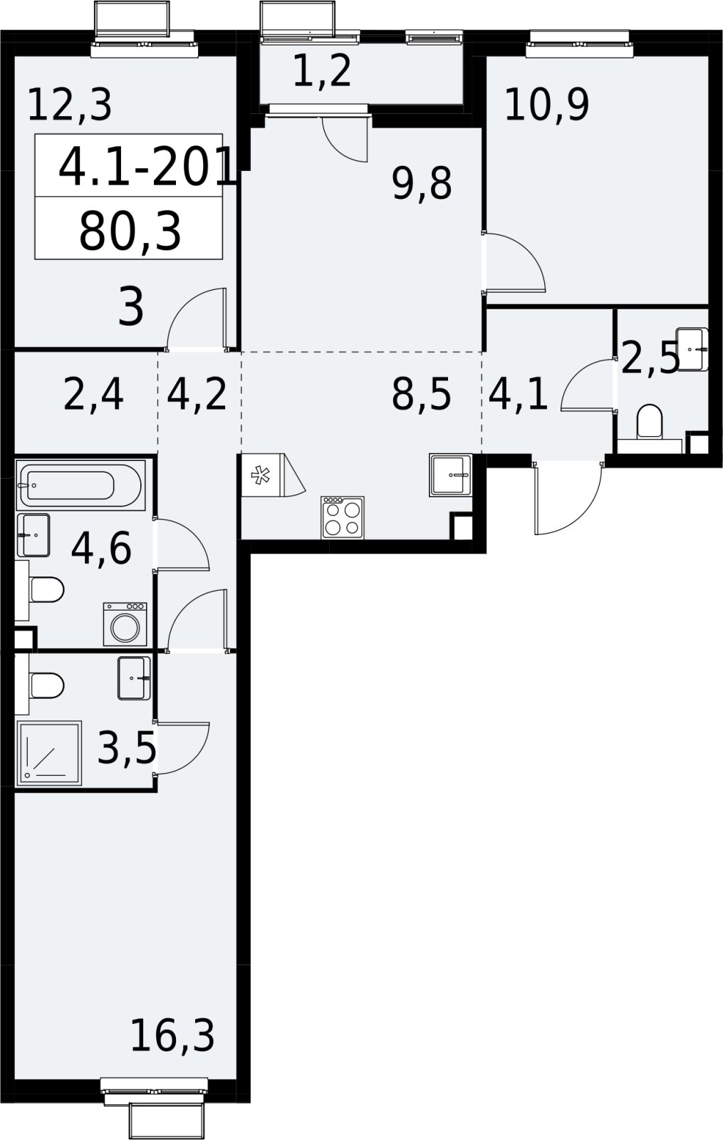 4-комнатная квартира (евро) с полной отделкой, 80.3 м2, 2 этаж, сдача 2 квартал 2027 г., ЖК Южные сады, корпус 4.1.2 - объявление 2392726 - фото №1