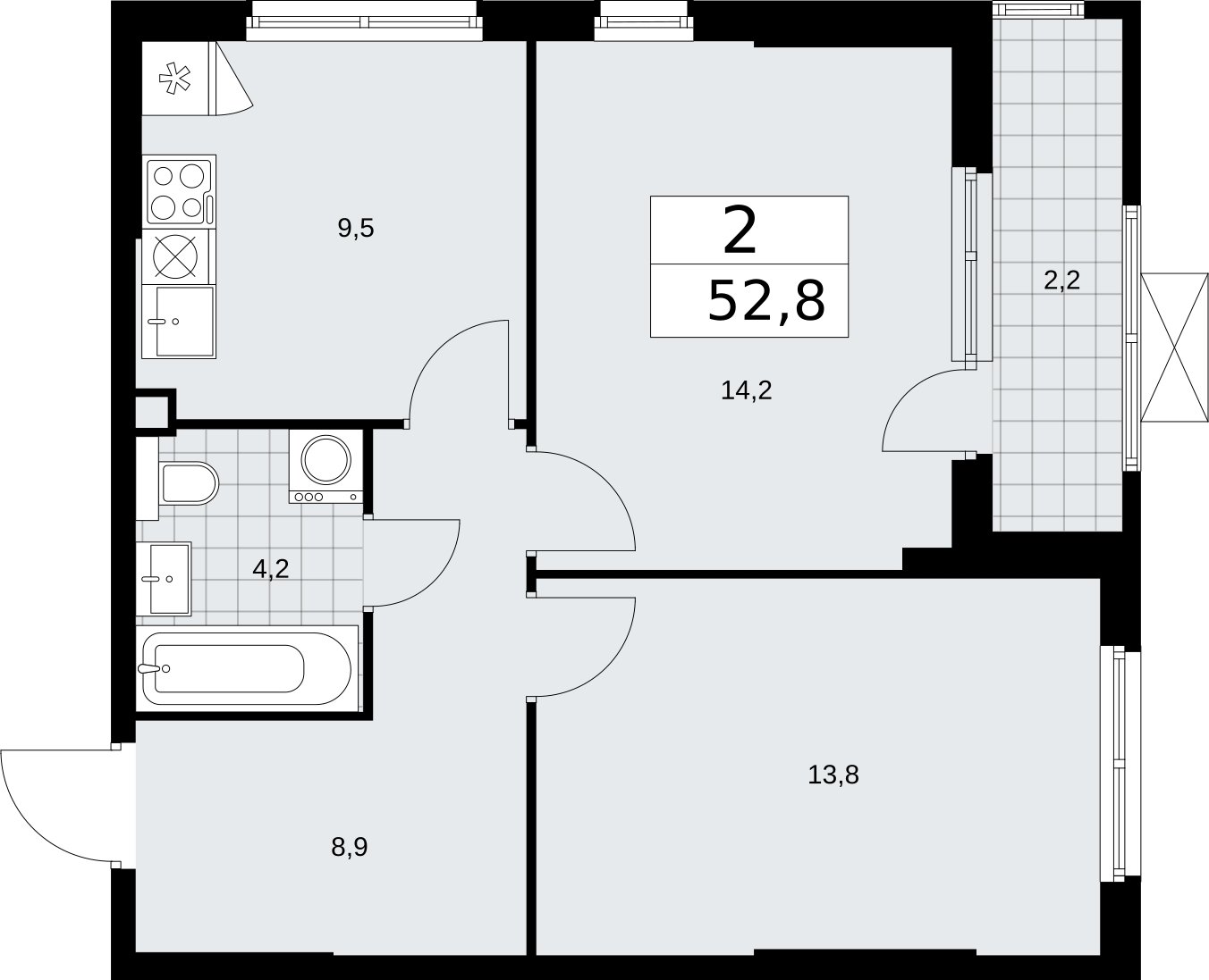 2-комнатная квартира с полной отделкой, 52.8 м2, 2 этаж, сдача 2 квартал 2026 г., ЖК Бунинские кварталы, корпус 7.2 - объявление 2319606 - фото №1